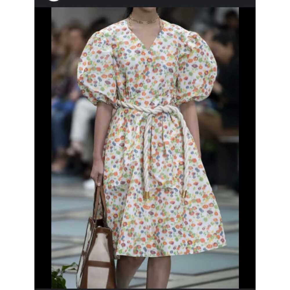 Tory Burch Taffeta Puffed Sleeve Dress Tossed Confetti Floral V-Neck 63672 SZ 10
